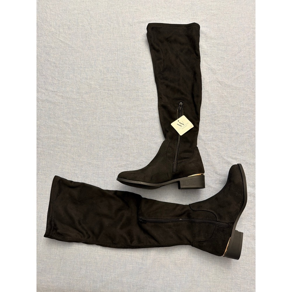 Worthington Palmetto Black Faux Suede Over The Knee Boots Gold Heel Size 6